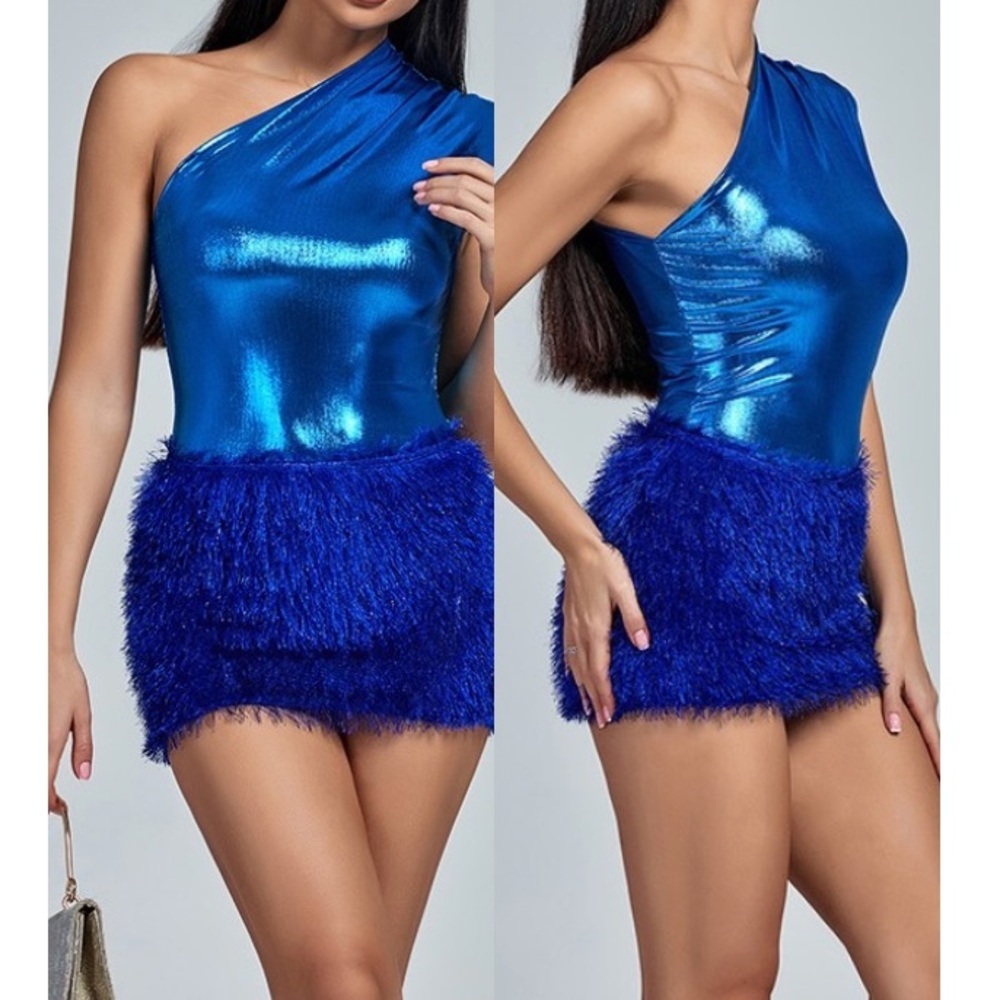 One-Shoulder Blue Metallic Dress